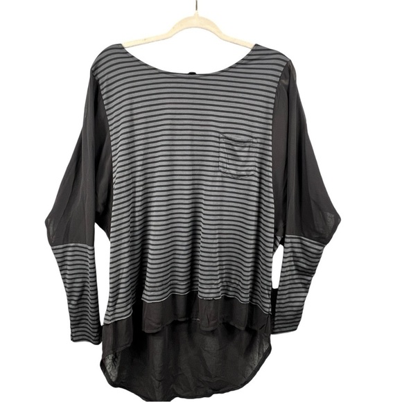 Seven7 Blouse Women's Large High Low Hem Gray Black  Sheer Sleeves Stripes - Picture 1 of 8
